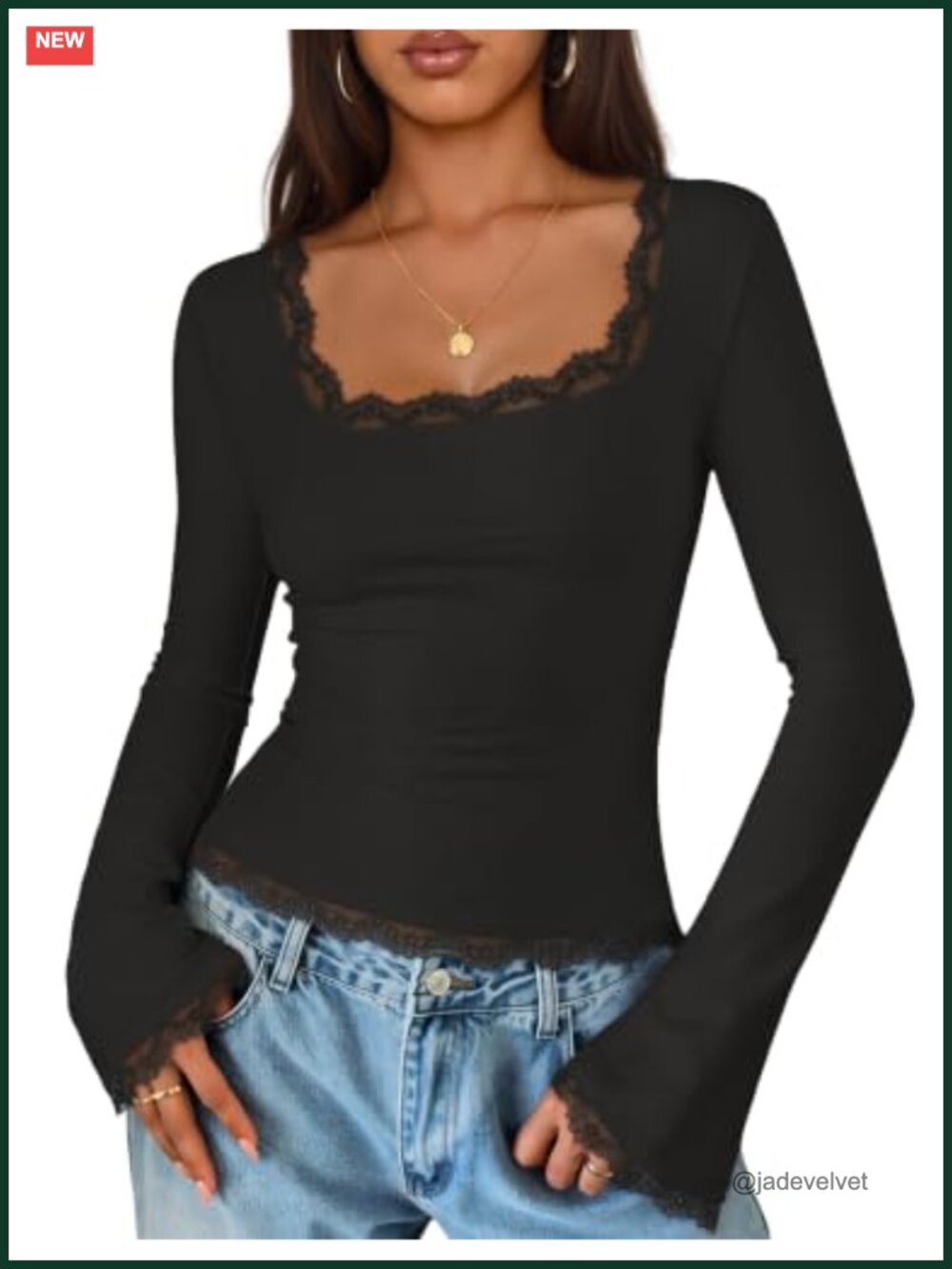 Square Neck Bell Sleeve Lace Trim Cropped Blouse Women's Going Out Top